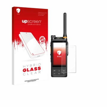 Parte frontal de un envase de producto con el logotipo de la marca upscreen. Al lado se muestra el dispositivo Hytera PDC680 c