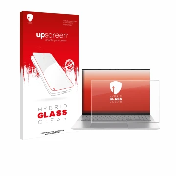 Parte frontal de un envase de producto con el logotipo de la marca upscreen. Al lado se muestra el dispositivo ASUS Vivobook S
