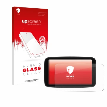 Parte frontal de un envase de producto con el logotipo de la marca upscreen. Al lado se muestra el dispositivo TomTom Go Navig