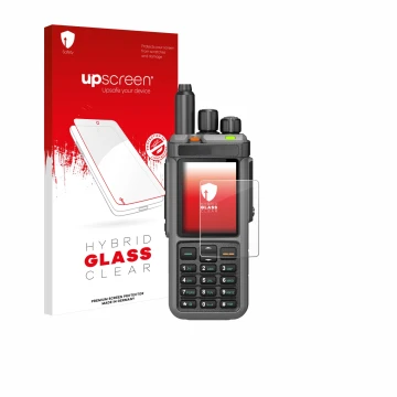 Parte frontal de un envase de producto con el logotipo de la marca upscreen. Al lado se muestra el dispositivo Radtel RT-880 c