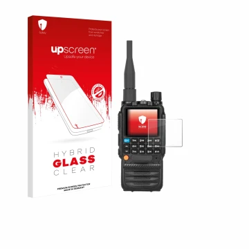 Parte frontal de un envase de producto con el logotipo de la marca upscreen. Al lado se muestra el dispositivo Tidradio TD-H3 
