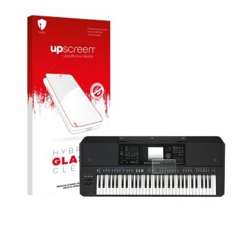 Parte frontal de un envase de producto con el logotipo de la marca upscreen. Al lado se muestra el dispositivo Yamaha PSR-SX72