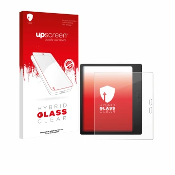 Parte frontal de un envase de producto con el logotipo de la marca upscreen. Al lado se muestra el dispositivo Boox Go 7 con s