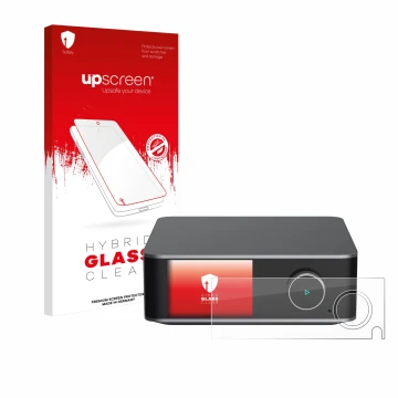 Parte frontal de un envase de producto con el logotipo de la marca upscreen. Al lado se muestra el dispositivo WiiM Ultra con 