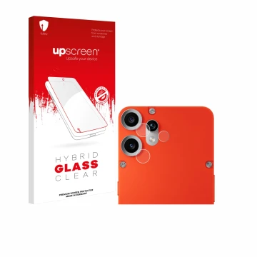 Parte frontal de un envase de producto con el logotipo de la marca upscreen. Al lado se muestra el dispositivo Nothing CMF Pho