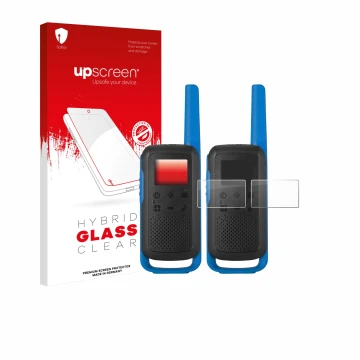 Parte frontal de un envase de producto con el logotipo de la marca upscreen. Al lado se muestra el dispositivo Motorola TALKAB