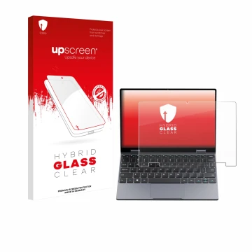 Parte frontal de un envase de producto con el logotipo de la marca upscreen. Al lado se muestra el dispositivo Chuwi MiniBook 