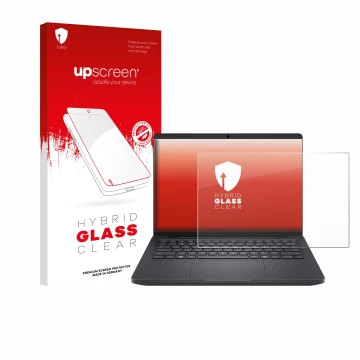 Parte frontal de un envase de producto con el logotipo de la marca upscreen. Al lado se muestra el dispositivo Dell Pro Max 14