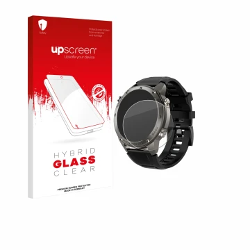 Parte frontal de un envase de producto con el logotipo de la marca upscreen. Al lado se muestra el dispositivo Knauermann GPS 