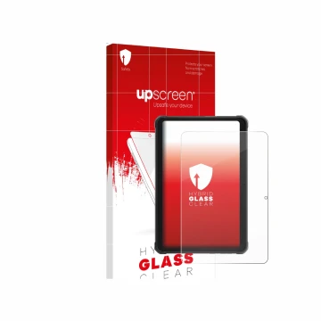 Parte frontal de un envase de producto con el logotipo de la marca upscreen. Al lado se muestra el dispositivo Hotwav R10 Pro 