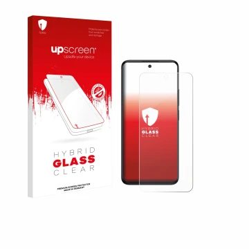 Parte frontal de un envase de producto con el logotipo de la marca upscreen. Al lado se muestra el dispositivo TCL 60 5G con s