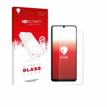 Parte frontal de un envase de producto con el logotipo de la marca upscreen. Al lado se muestra el dispositivo Doogee Note 59 