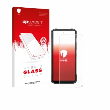 Parte frontal de un envase de producto con el logotipo de la marca upscreen. Al lado se muestra el dispositivo Doogee Blade 20