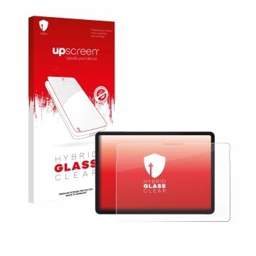 Parte frontal de un envase de producto con el logotipo de la marca upscreen. Al lado se muestra el dispositivo Microsoft Surfa