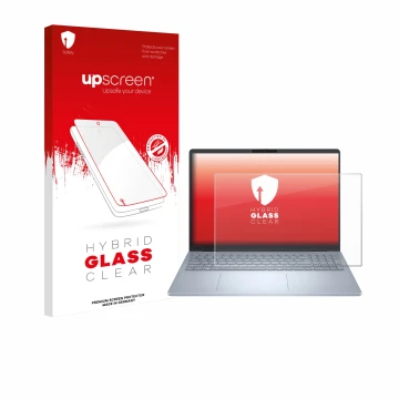 Parte frontal de un envase de producto con el logotipo de la marca upscreen. Al lado se muestra el dispositivo Dell 16 Plus La