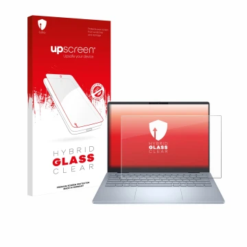 Parte frontal de un envase de producto con el logotipo de la marca upscreen. Al lado se muestra el dispositivo Dell 14 Plus La