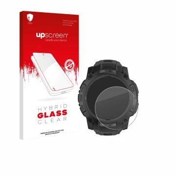 Parte frontal de un envase de producto con el logotipo de la marca upscreen. Al lado se muestra el dispositivo Garmin Instinct