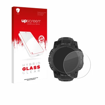 Parte frontal de un envase de producto con el logotipo de la marca upscreen. Al lado se muestra el dispositivo Garmin Instinct