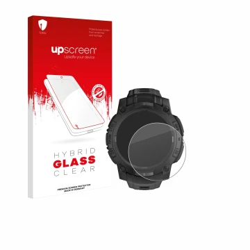 Parte frontal de un envase de producto con el logotipo de la marca upscreen. Al lado se muestra el dispositivo Garmin Instinct