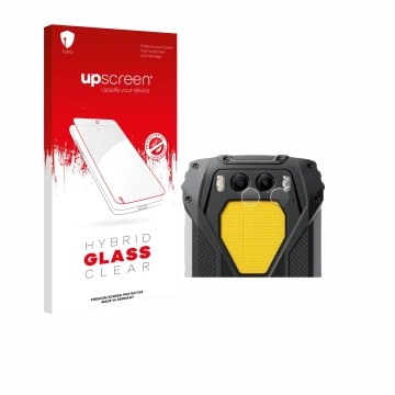 Parte frontal de un envase de producto con el logotipo de la marca upscreen. Al lado se muestra el dispositivo Blackview BV730