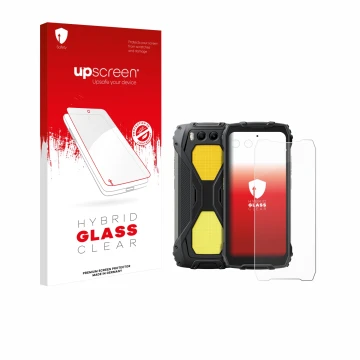 Parte frontal de un envase de producto con el logotipo de la marca upscreen. Al lado se muestra el dispositivo Blackview BV730