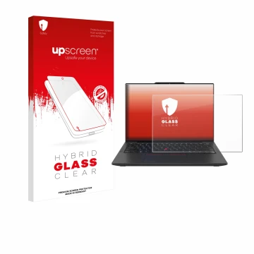 Parte frontal de un envase de producto con el logotipo de la marca upscreen. Al lado se muestra el dispositivo Lenovo ThinkPad
