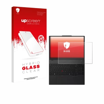 Parte frontal de un envase de producto con el logotipo de la marca upscreen. Al lado se muestra el dispositivo Lenovo ThinkPad