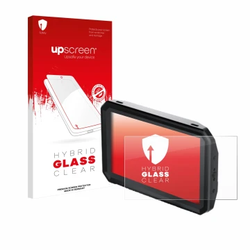 Parte frontal de un envase de producto con el logotipo de la marca upscreen. Al lado se muestra el dispositivo Blackmagic Desi