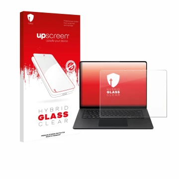 Parte frontal de un envase de producto con el logotipo de la marca upscreen. Al lado se muestra el dispositivo Microsoft Surfa