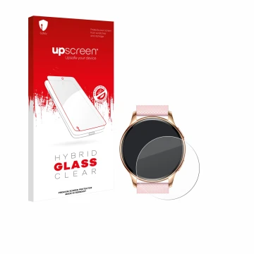 Parte frontal de un envase de producto con el logotipo de la marca upscreen. Al lado se muestra el dispositivo Maoo VT.11 con 