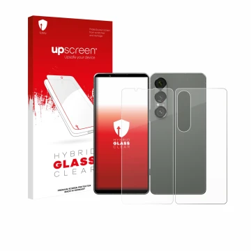 Parte frontal de un envase de producto con el logotipo de la marca upscreen. Al lado se muestra el dispositivo Sony Xperia 1 V