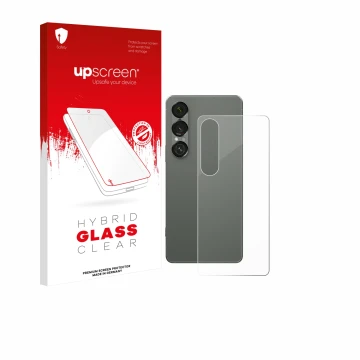 Parte frontal de un envase de producto con el logotipo de la marca upscreen. Al lado se muestra el dispositivo Sony Xperia 1 V