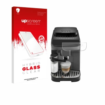Parte frontal de un envase de producto con el logotipo de la marca upscreen. Al lado se muestra el dispositivo DeLonghi Magnif
