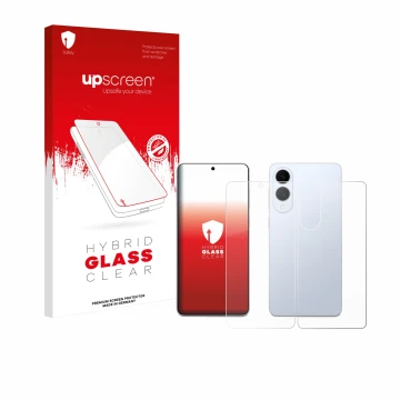 Parte frontal de un envase de producto con el logotipo de la marca upscreen. Al lado se muestra el dispositivo Samsung Galaxy 