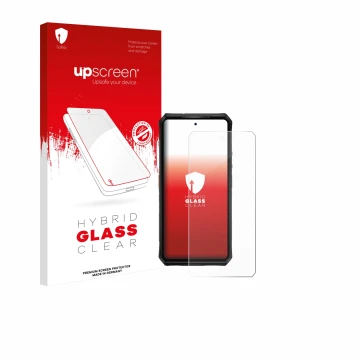 Parte frontal de un envase de producto con el logotipo de la marca upscreen. Al lado se muestra el dispositivo Ulefone Armor 2