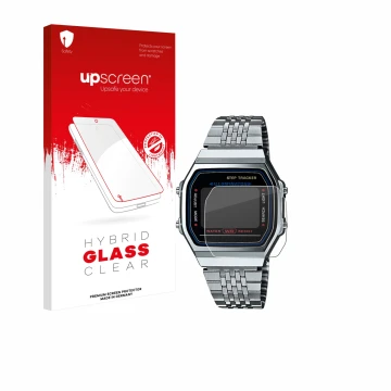 Parte frontal de un envase de producto con el logotipo de la marca upscreen. Al lado se muestra el dispositivo Casio iconic AB