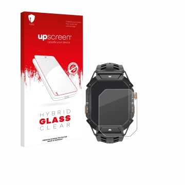 Parte frontal de un envase de producto con el logotipo de la marca upscreen. Al lado se muestra el dispositivo Oukitel BT80 co