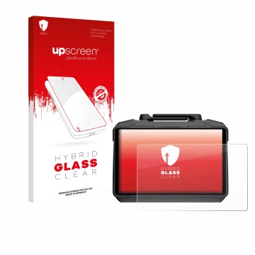 Parte frontal de un envase de producto con el logotipo de la marca upscreen. Al lado se muestra el dispositivo DJI RC Pro 2 co