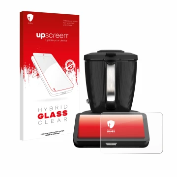 Parte frontal de un envase de producto con el logotipo de la marca upscreen. Al lado se muestra el dispositivo Vorwerk Bimby T
