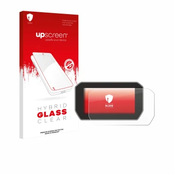 Parte frontal de un envase de producto con el logotipo de la marca upscreen. Al lado se muestra el dispositivo Ducati V4 Rally