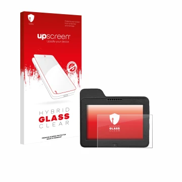 Parte frontal de un envase de producto con el logotipo de la marca upscreen. Al lado se muestra el dispositivo Naviter Omni co