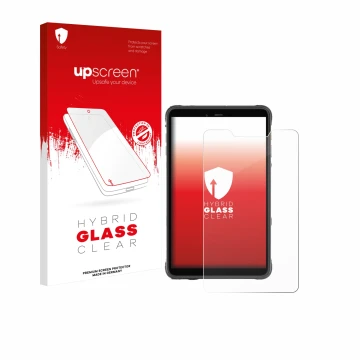 Parte frontal de un envase de producto con el logotipo de la marca upscreen. Al lado se muestra el dispositivo Ulefone Armor P