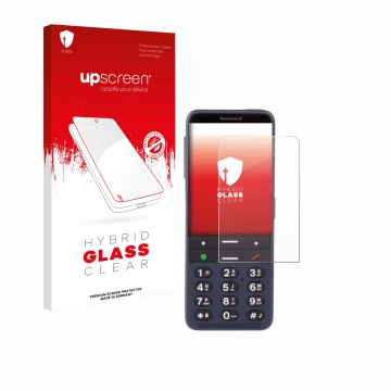 Parte frontal de un envase de producto con el logotipo de la marca upscreen. Al lado se muestra el dispositivo BlindShell Clas