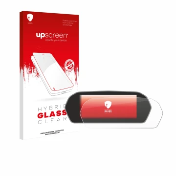 Parte frontal de un envase de producto con el logotipo de la marca upscreen. Al lado se muestra el dispositivo Audi A3 Sportba