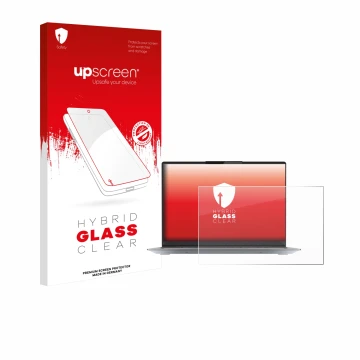 Parte frontal de un envase de producto con el logotipo de la marca upscreen. Al lado se muestra el dispositivo Lenovo ThinkBoo