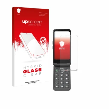 Parte frontal de un envase de producto con el logotipo de la marca upscreen. Al lado se muestra el dispositivo Doro Aurora A20