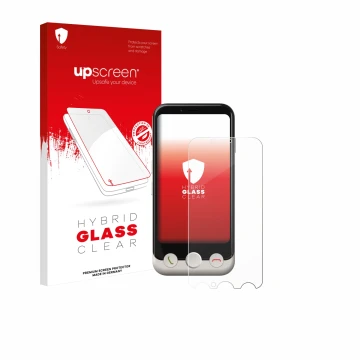 Parte frontal de un envase de producto con el logotipo de la marca upscreen. Al lado se muestra el dispositivo Doro Aurora A10