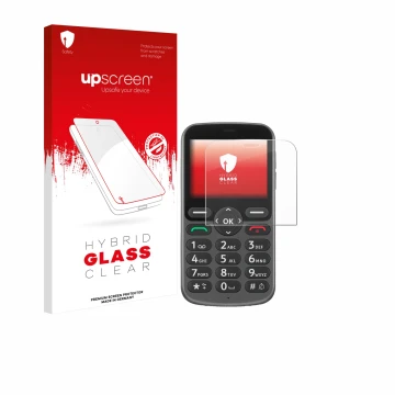 Parte frontal de un envase de producto con el logotipo de la marca upscreen. Al lado se muestra el dispositivo Doro 1380 con s