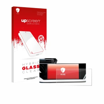 Parte frontal de un envase de producto con el logotipo de la marca upscreen. Al lado se muestra el dispositivo Audi A3 Limousi