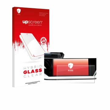 Parte frontal de un envase de producto con el logotipo de la marca upscreen. Al lado se muestra el dispositivo Audi A3 Sportba